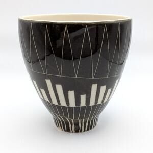 Vintage MCM Arabia Ceramic Black and White Bowl Pottery Vase Made in Finland